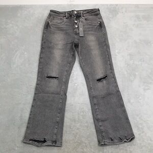 Tractr Ankle Cropped with Distressed Details Button Fly Jeans Gray New